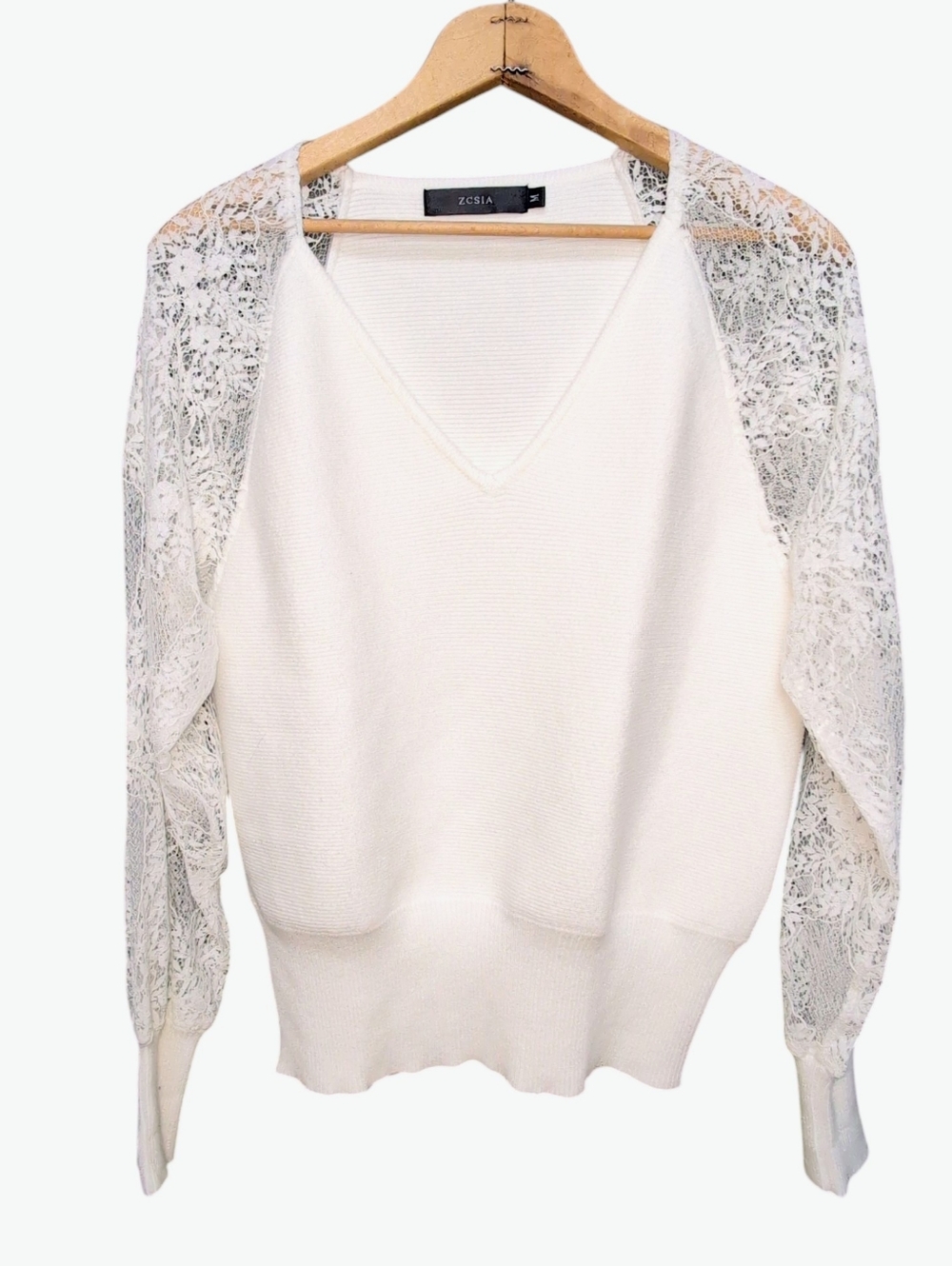 ZCSIA Womens Size MEDIUM Boutique V Neck White Lace Ribbed Knit Pullover
